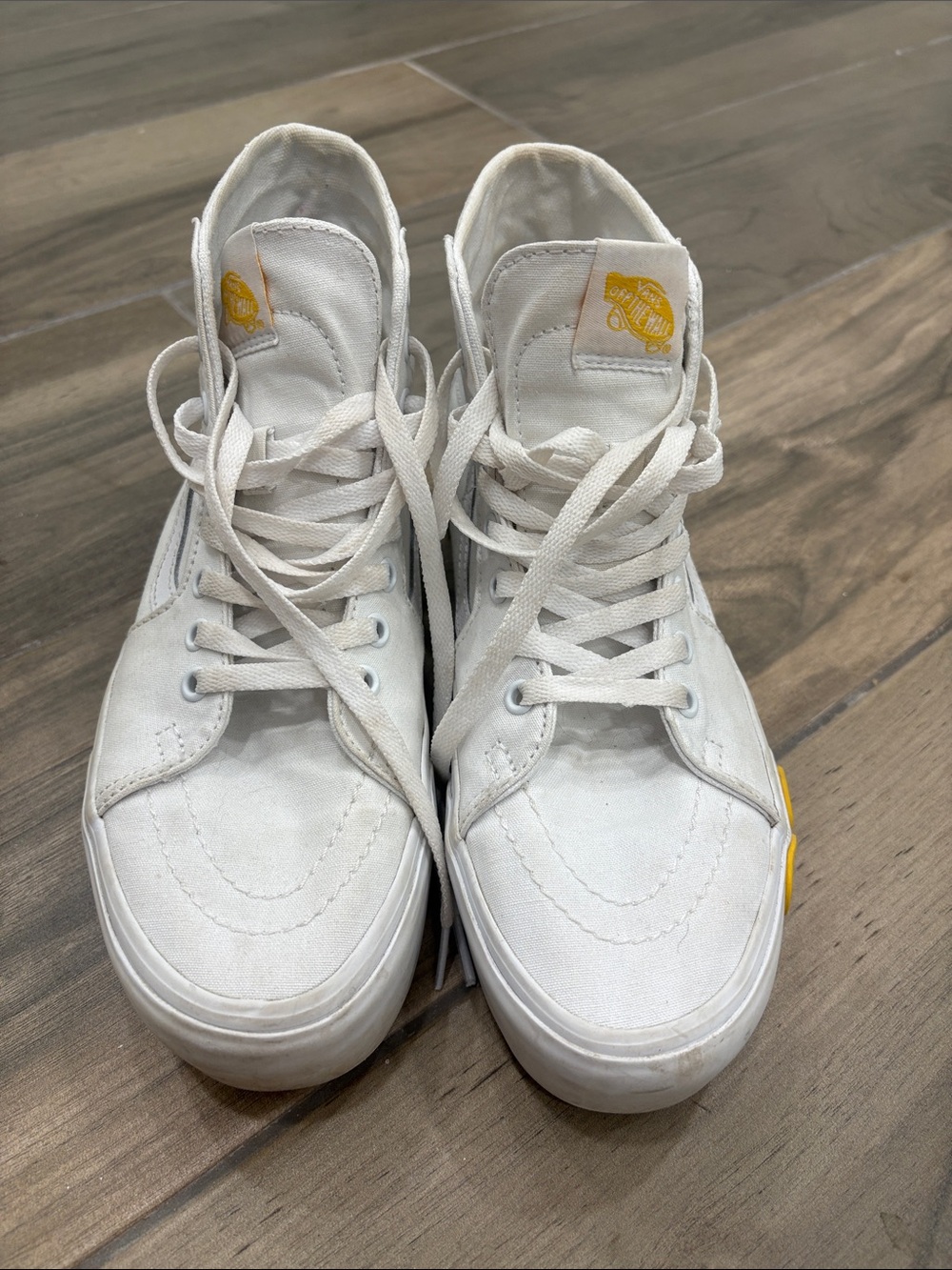 Vans White High-Top Canvas Sneakers with Yellow Daisy Sole Detail - Picture 6 of 7